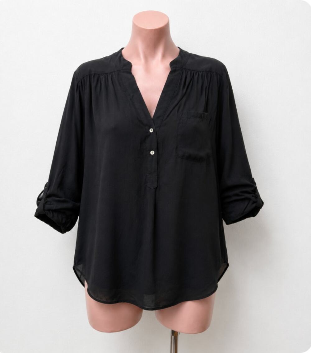 Ellison Black Satin V-Neck Front Button with Pockets Long Sleeve Blouse S